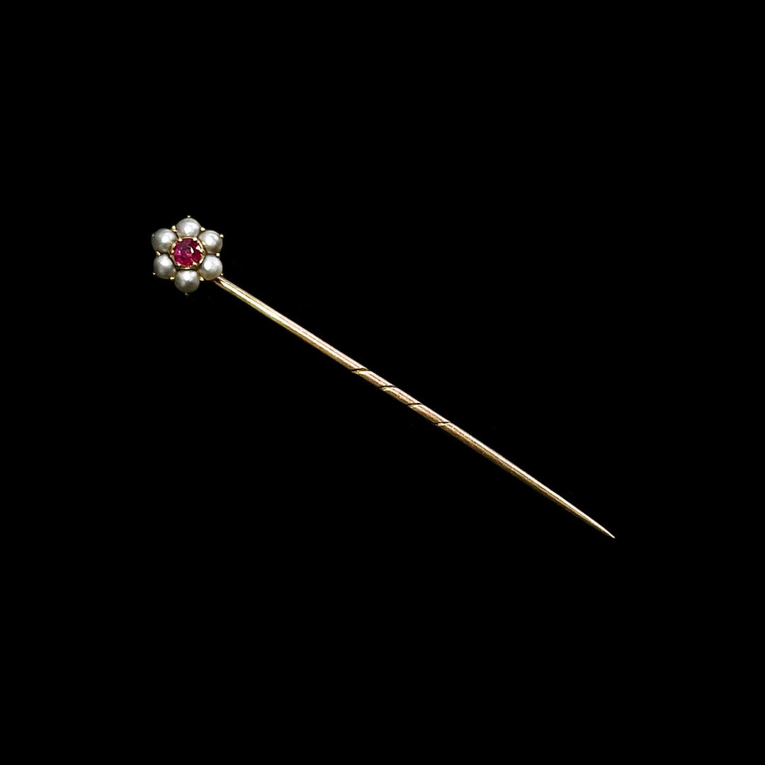 Tie pin | Ruby and Seed Pearl | 9ct Yellow Gold