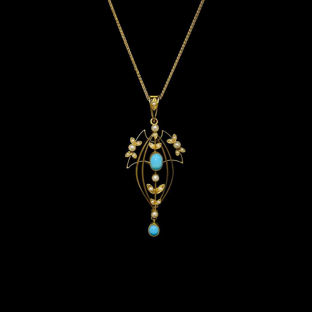 Turquoise and Seed pearl pendant | 15ct Yellow Gold
