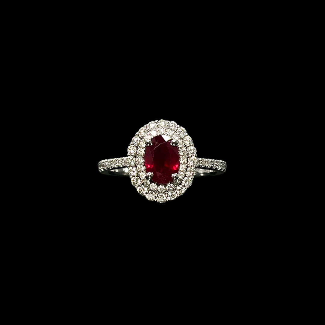 Ruby and Diamond ring | Double halo cluster | 18ct White Gold