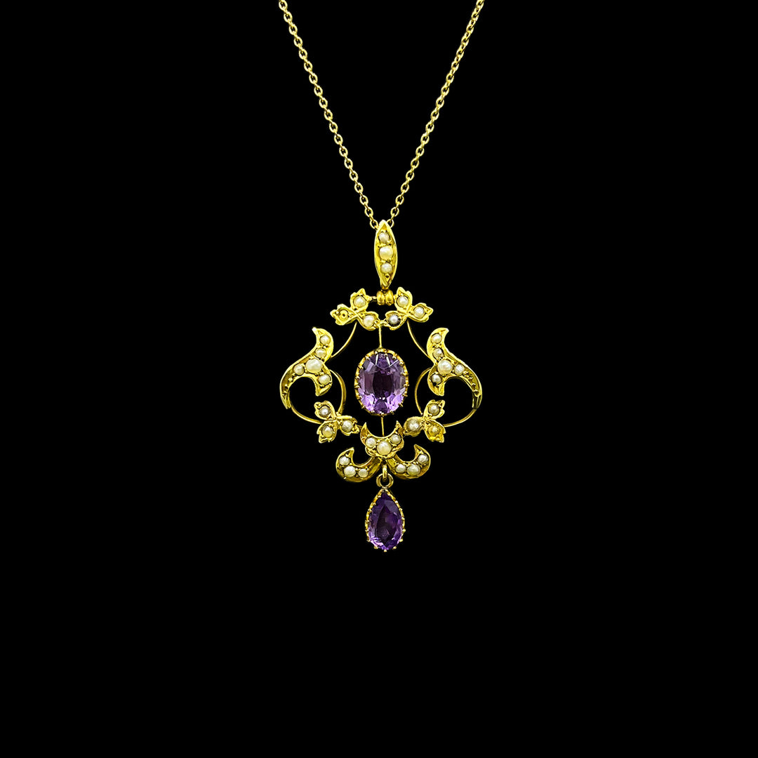 Amethyst and seed pearl pendant | 9ct yellow gold