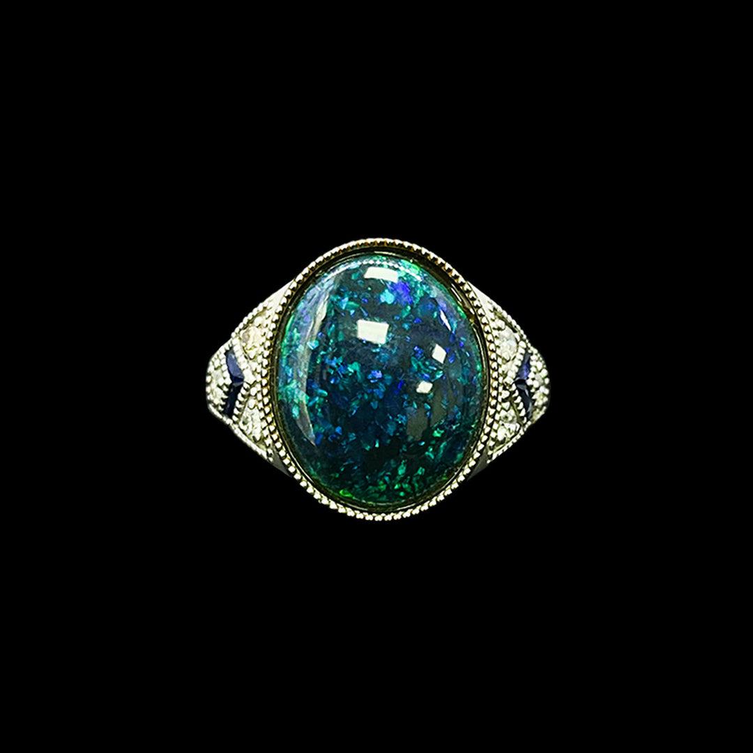 Black opal, sapphire and diamond ring | Platinum | Art deco style