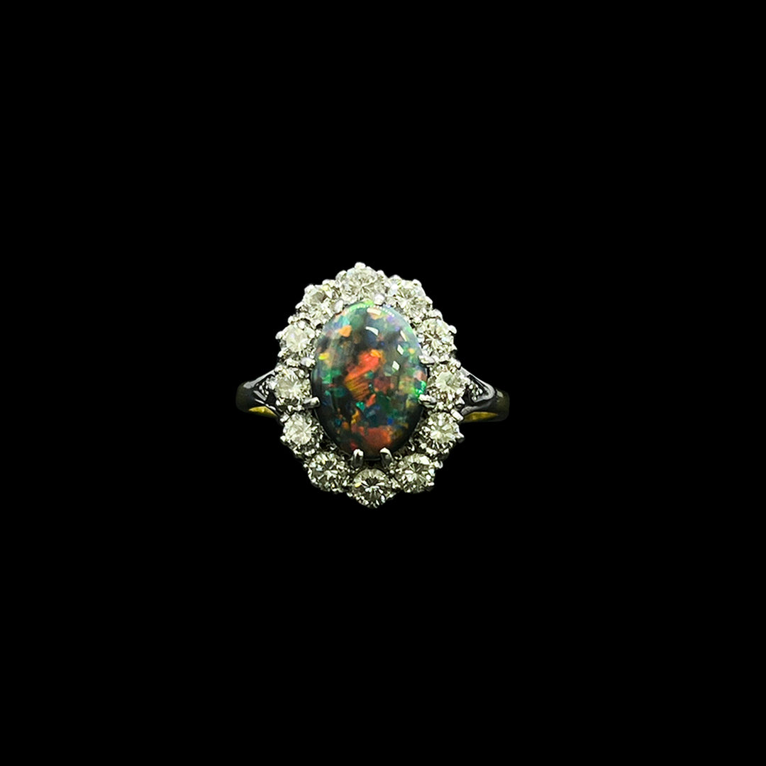 Black Opal and diamond ring | Cluster | 18ct yellow gold