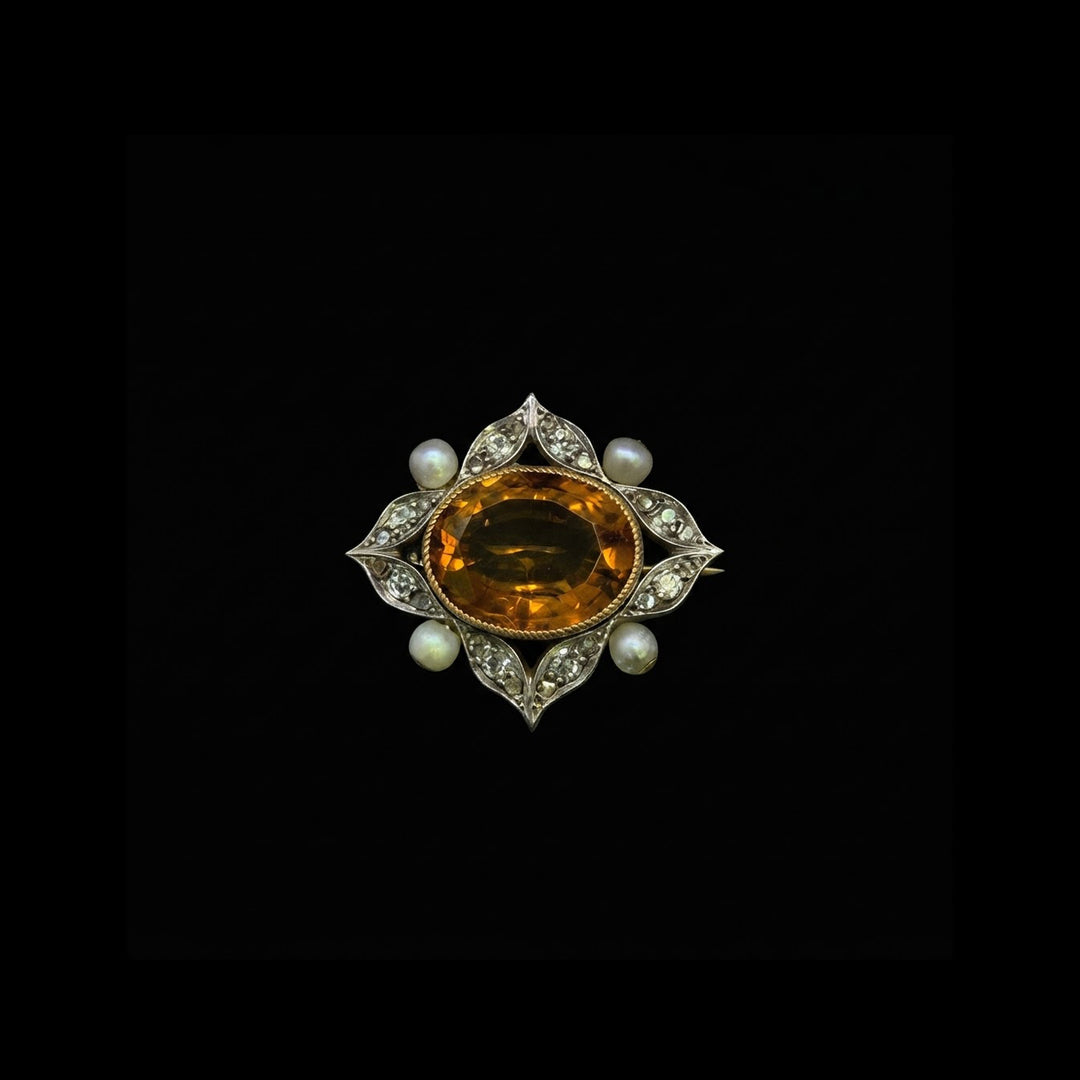 Citrine, diamond and pearl brooch | Victorian | 9ct yellow gold & silver